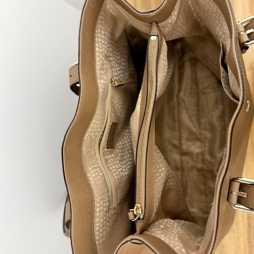 Kate Spade New York Saffiano Leather Tote Bag Taupe Tan Gold Hardware - Picture 7 of 15